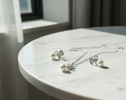Luxury Bow Pearl Pendant & Earrings Set – 4U Jewelry