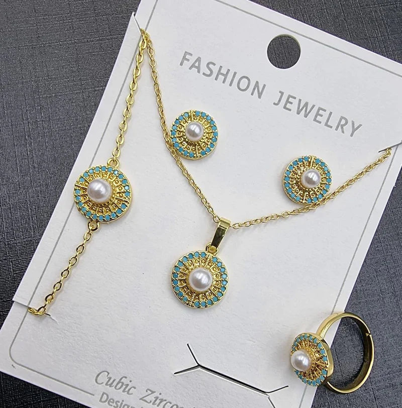 Turquoise Pearl Jewelry Set (4-Piece)